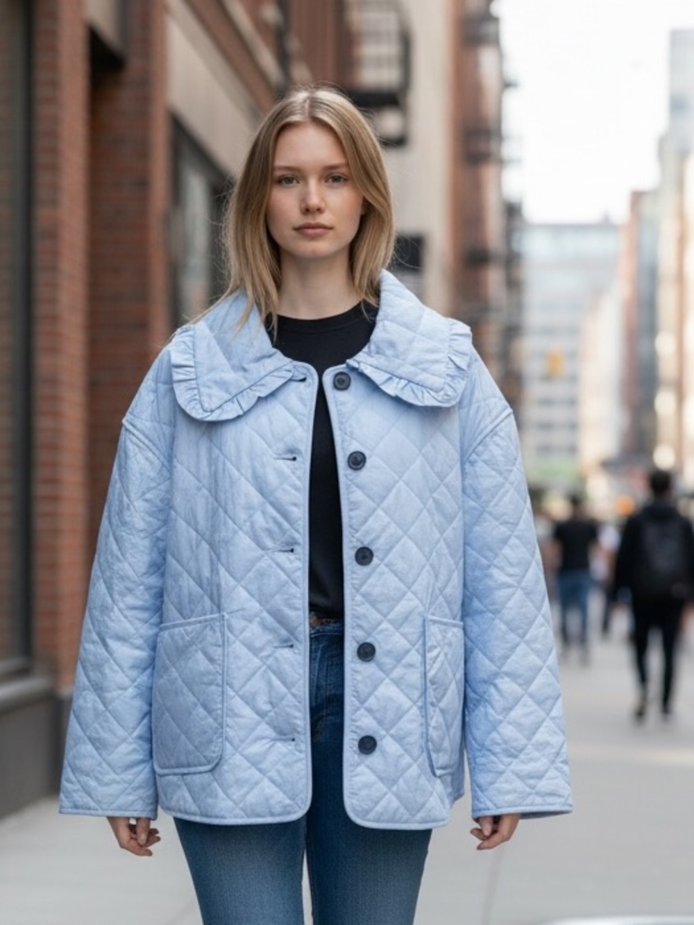NWT BAGATELLE COLLECTION Quilted Jacket With Ruffle Collar Light Cornflower XL
